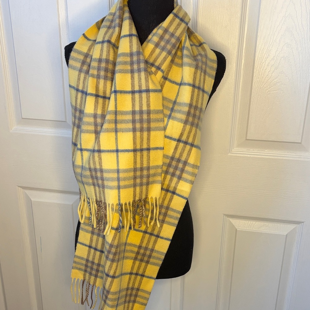 Burberry 100% Cashmere light yellow and blue and brown Scarf with fringe